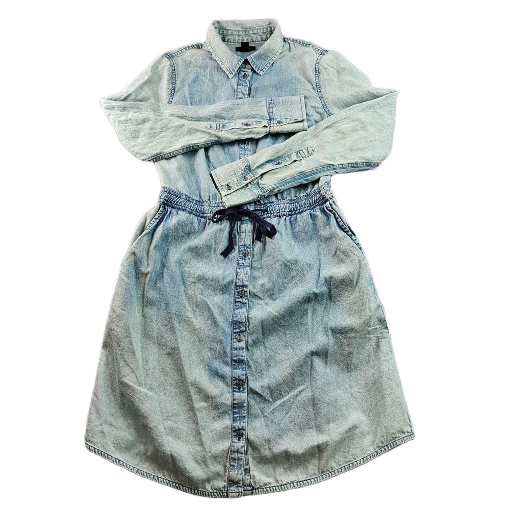 Halogen Shirt Dress Womens S Blue Denim Acid Wash Drawstring Waist Button Front